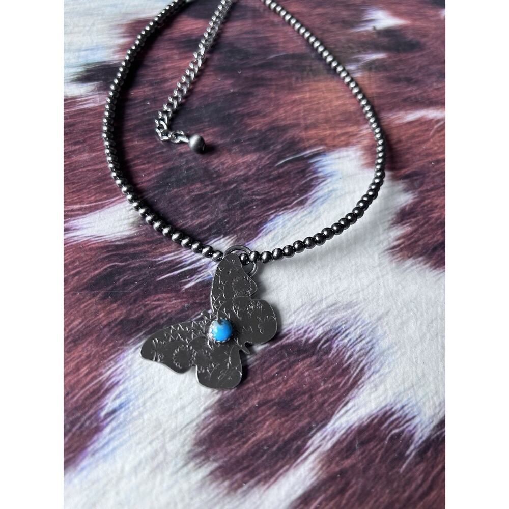 Kingman Turquoise In Sterling Hand Stamped Nickel Silver Butterfly Pendent New - Picture 2 of 4